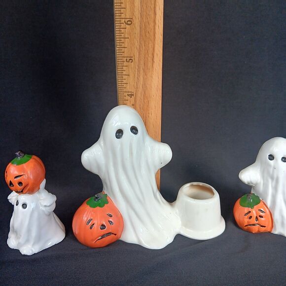 Vintage Bone China Ghosts with Pumpkin Jack O Lanterns Candle Holder Halloween 3 - Picture 5 of 16